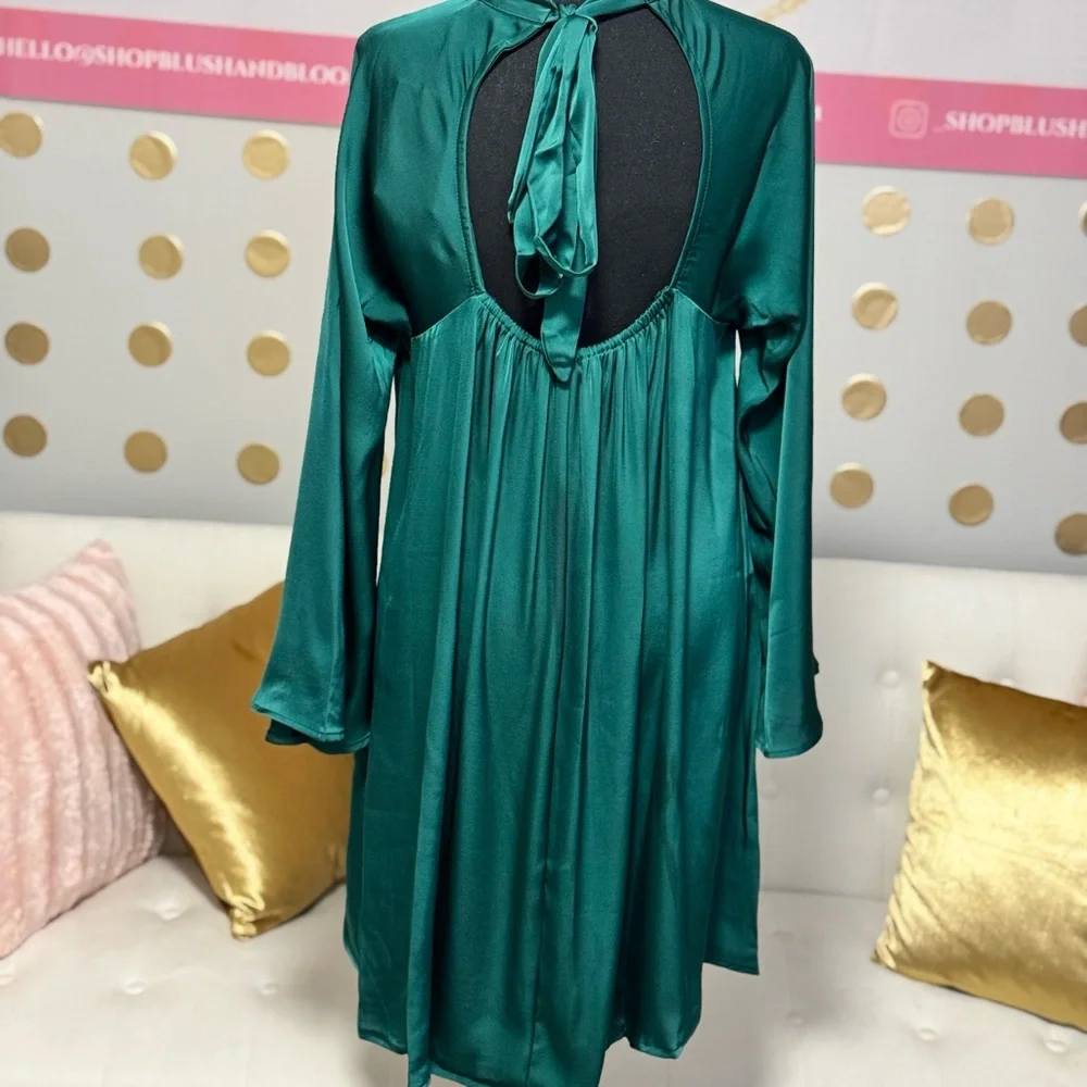 Emerald Green Flowy Swing Dress | Bell Sleeve Mock Neck Holiday Dress | Medium - Picture 5 of 7